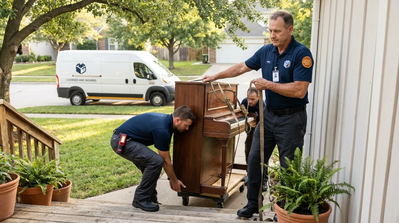 Licensed piano movers securing grand piano in Brent, AL